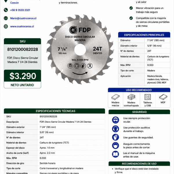 FDP, Disco Sierra Circular Madera 7 1/4 24 Dientes